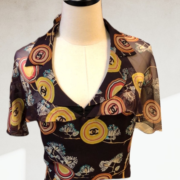 CHANEL @ PARIS |2001 Spring Runway Chinoiserie Silk Chiffon CC Logo Print Dress - Picture 3 of 16